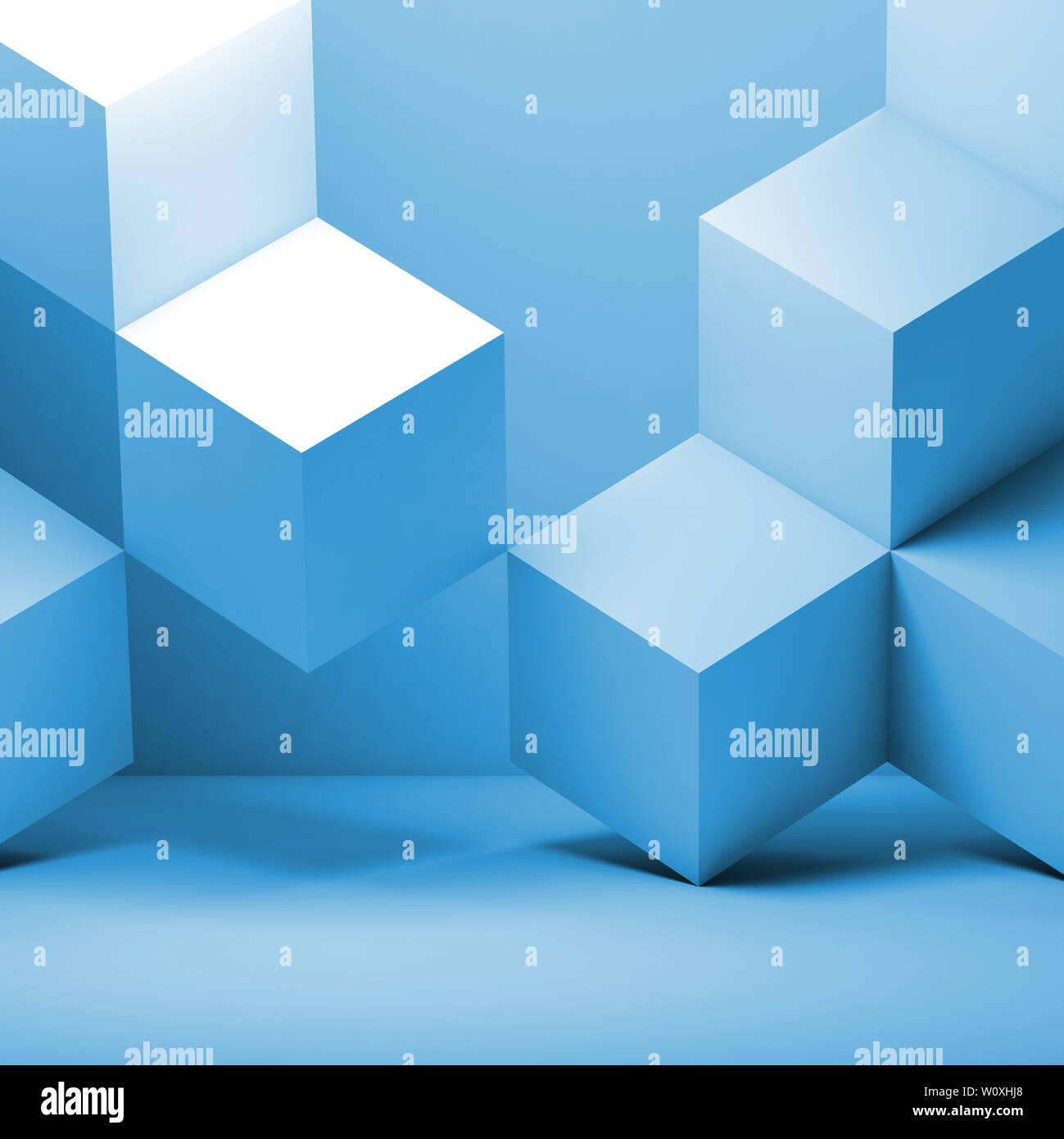 Blue cubes installation, abstract geometric background. 3d rendering ...