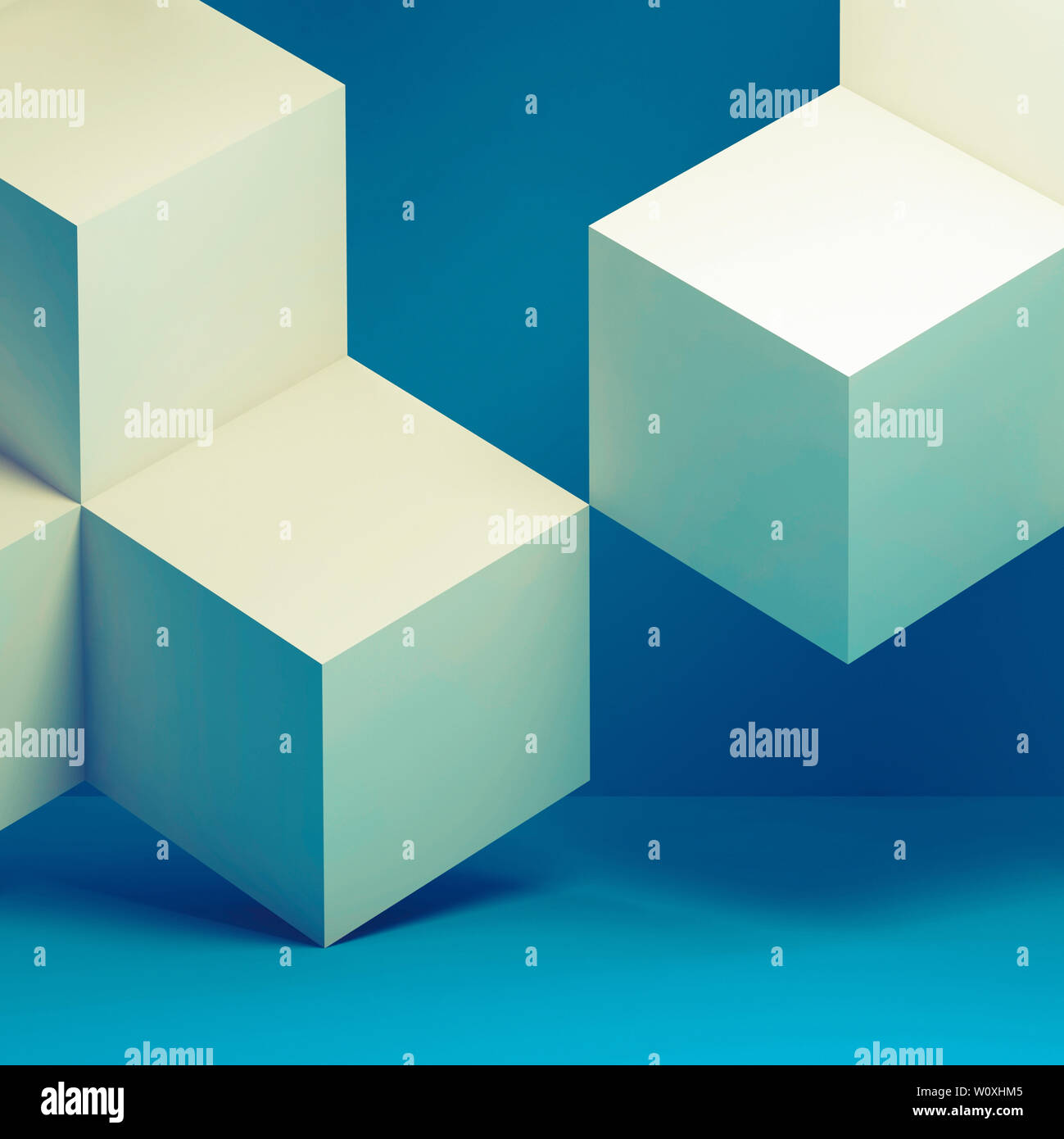 White and blue cubes installation, abstract digital background. 3d ...