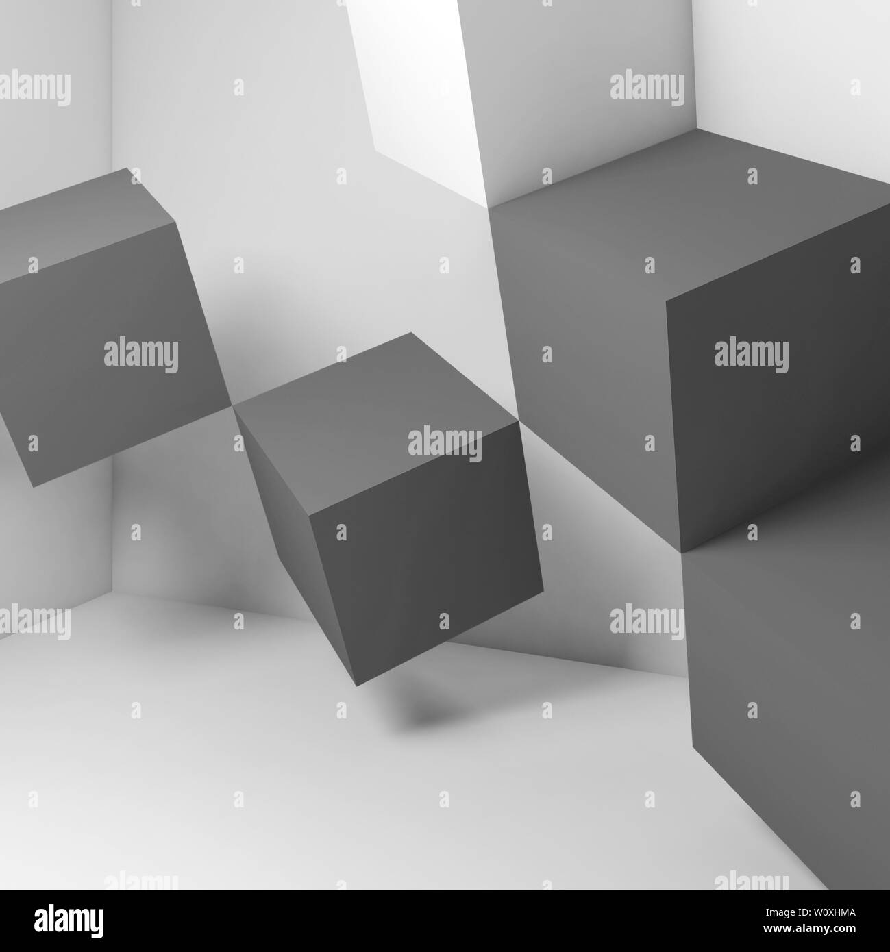 White and gray cubes installation in empty room, abstract digital ...
