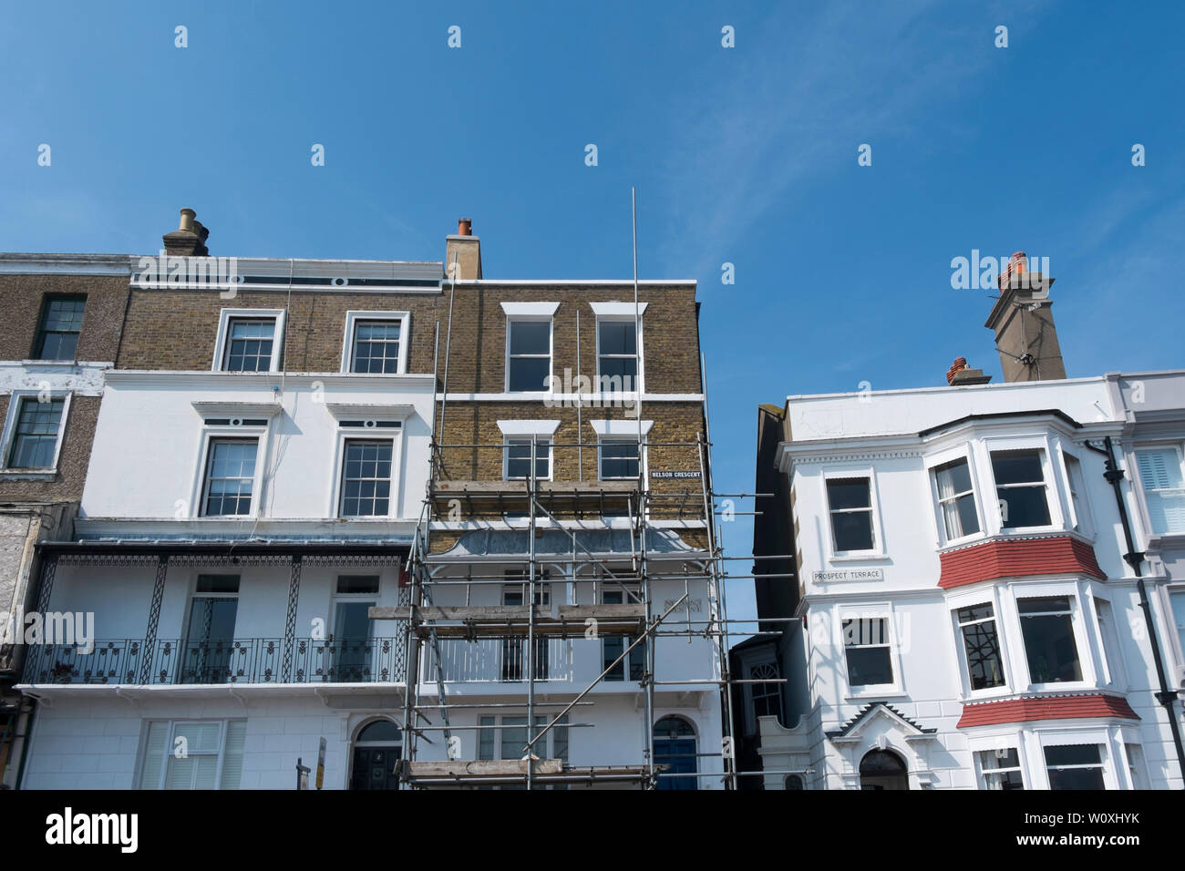 Victorian house being restored on Nelson Crescent overlooking the harbour in Ramsgate, Kent, UK