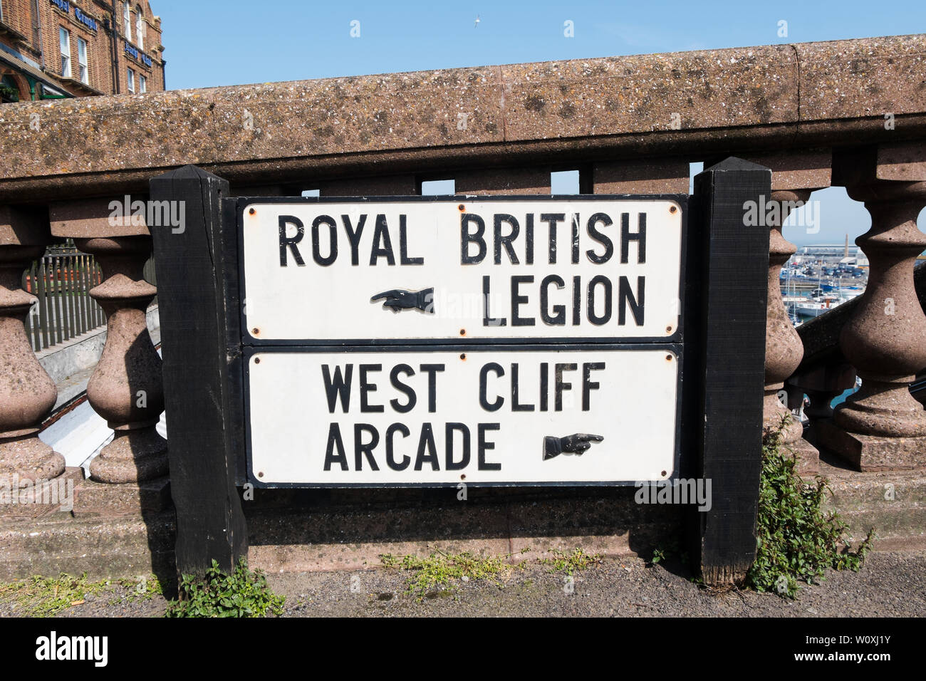 Victorian historic sign to the Royal British Legion and West Cliff Arcade at the top of the Royal Parade in Ramsgate, Kent, UK. Stock Photo