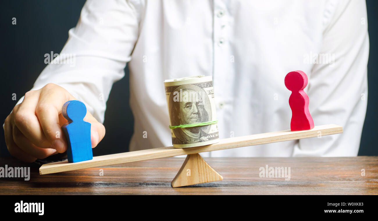 Wooden figures of man and women on the scales. Concept of gender pay gap. Income inequality. Oppression of women. Gender discrimination. Underestimati Stock Photo