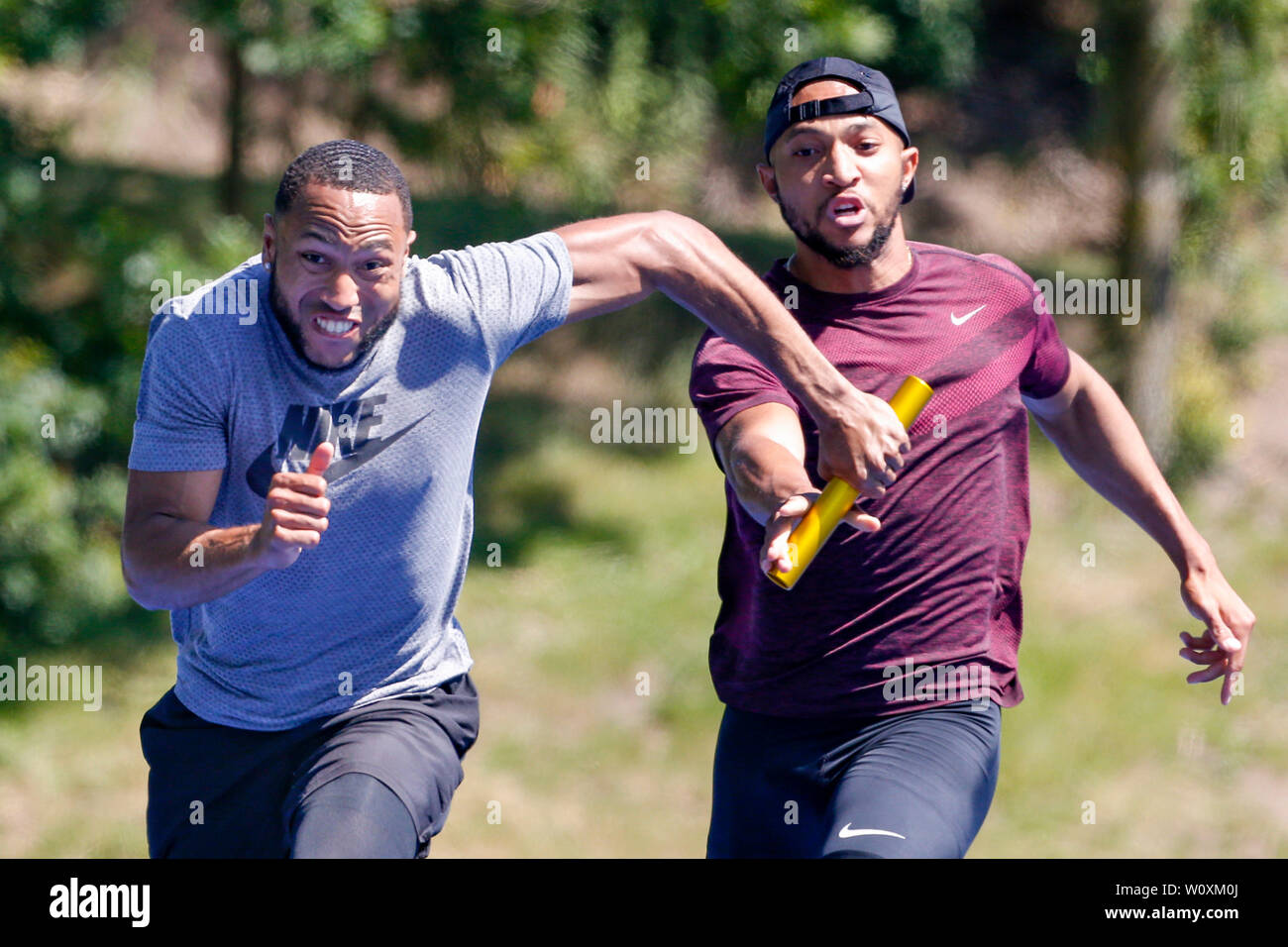 Arnhem, Netherlands. 27th June, 2019. ARNHEM, 27-06-2019, Papendal training centre, (L-R) Christopher Garia and Hensley Paulina during the 4 x 100m relay training of the Dutch team Credit: Pro Shots/Alamy Live News Stock Photo