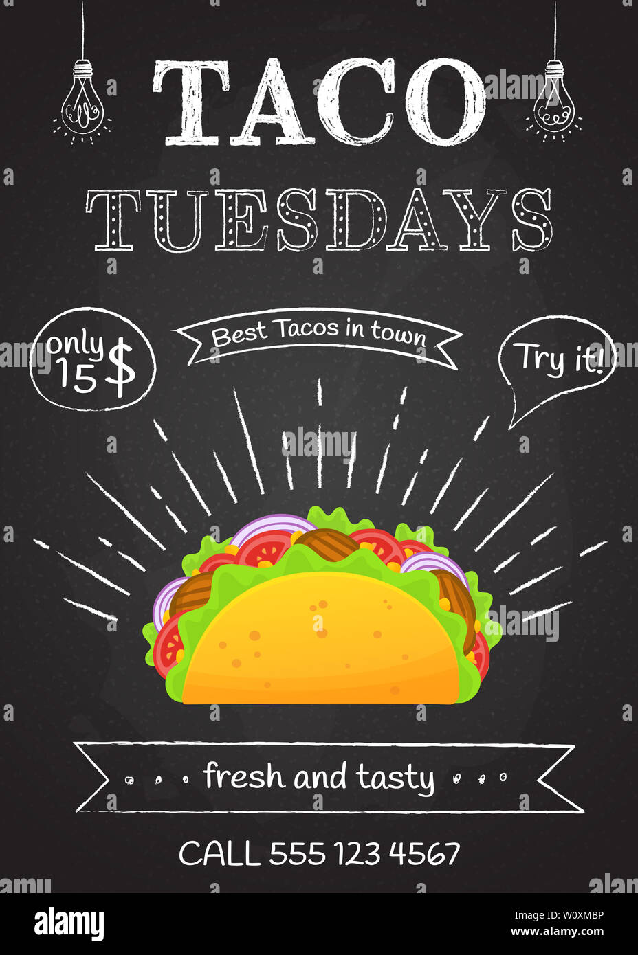 Traditional mexican fastfood taco tuesday poster. Tasty beef meat, salad,  tomato in delicious tacos with vintage chalk decoration and sign Taco  Tuesday. illustration for food truck design Stock Photo - Alamy