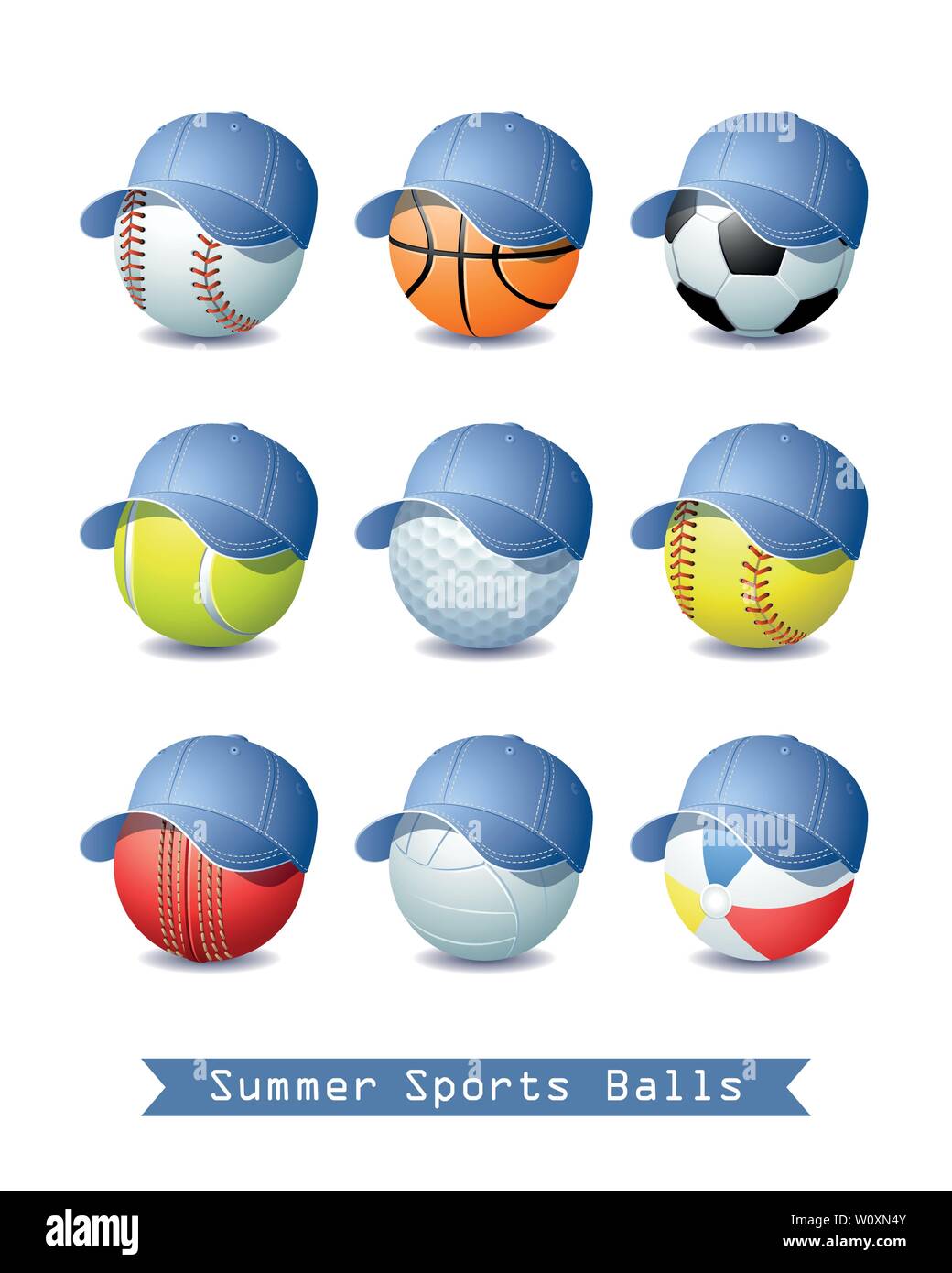 Big Collection of different Summer Sports Balls with a Denim Baseball cap for your creative work. Vector illustration. Stock Vector