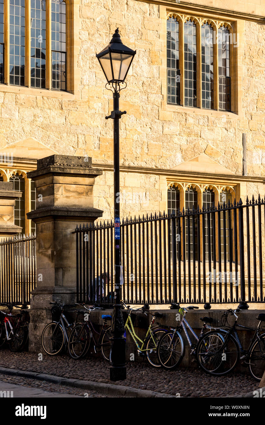 A beautiful summer's evening in the famous university town of Oxford. A brightly sunlit facade of Bodleian Library behind railings and an old lamppost Stock Photo