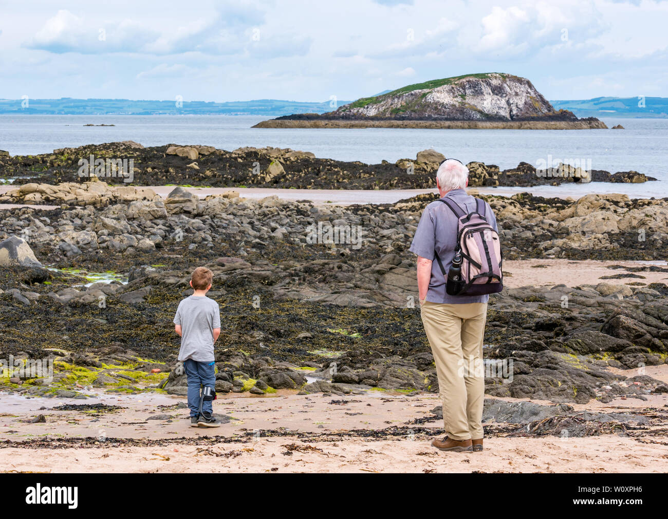 Grandfather and grandson looking out to sea, Lamb Island, Firth of Forth, Scotland, UK; 8 year old disabled boy with cerebral palsy wearing leg brace Stock Photo