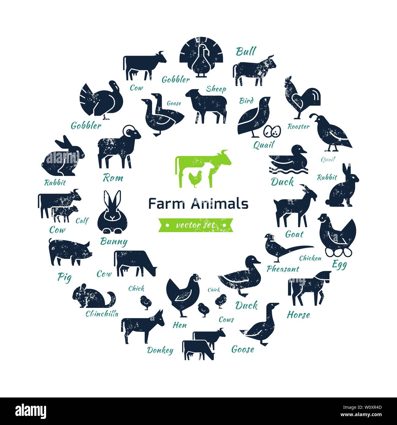 Circular vector icon set in a flat style of farm animals silhouettes ...