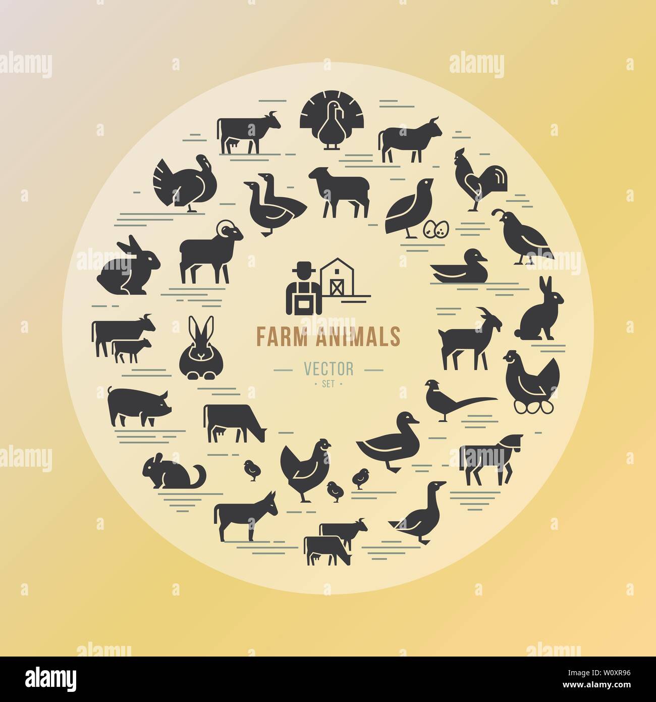 Circular vector icon set in a linear style of farm animals silhouettes ...