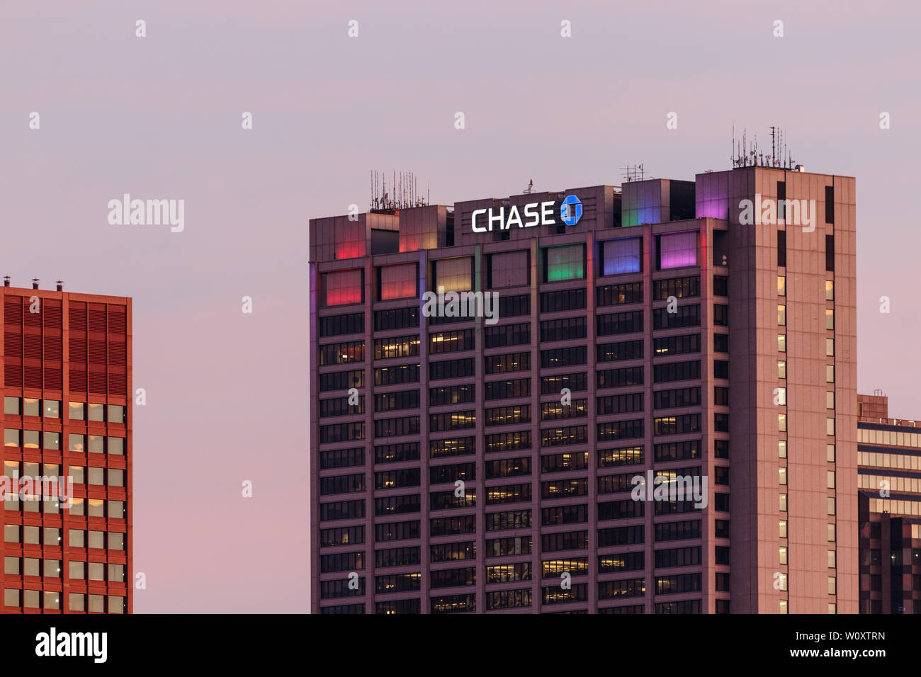 Chicago - Circa June 2019: Chase Tower in downtown bathed in rainbow lights to celebrate Pride Month III Stock Photo