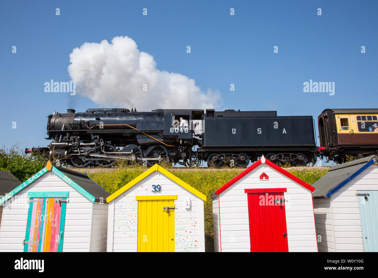 Steam train passing above beach huts on its way to Kingswear on the Dartmouth steam railway route in Torquay UK Stock Photo