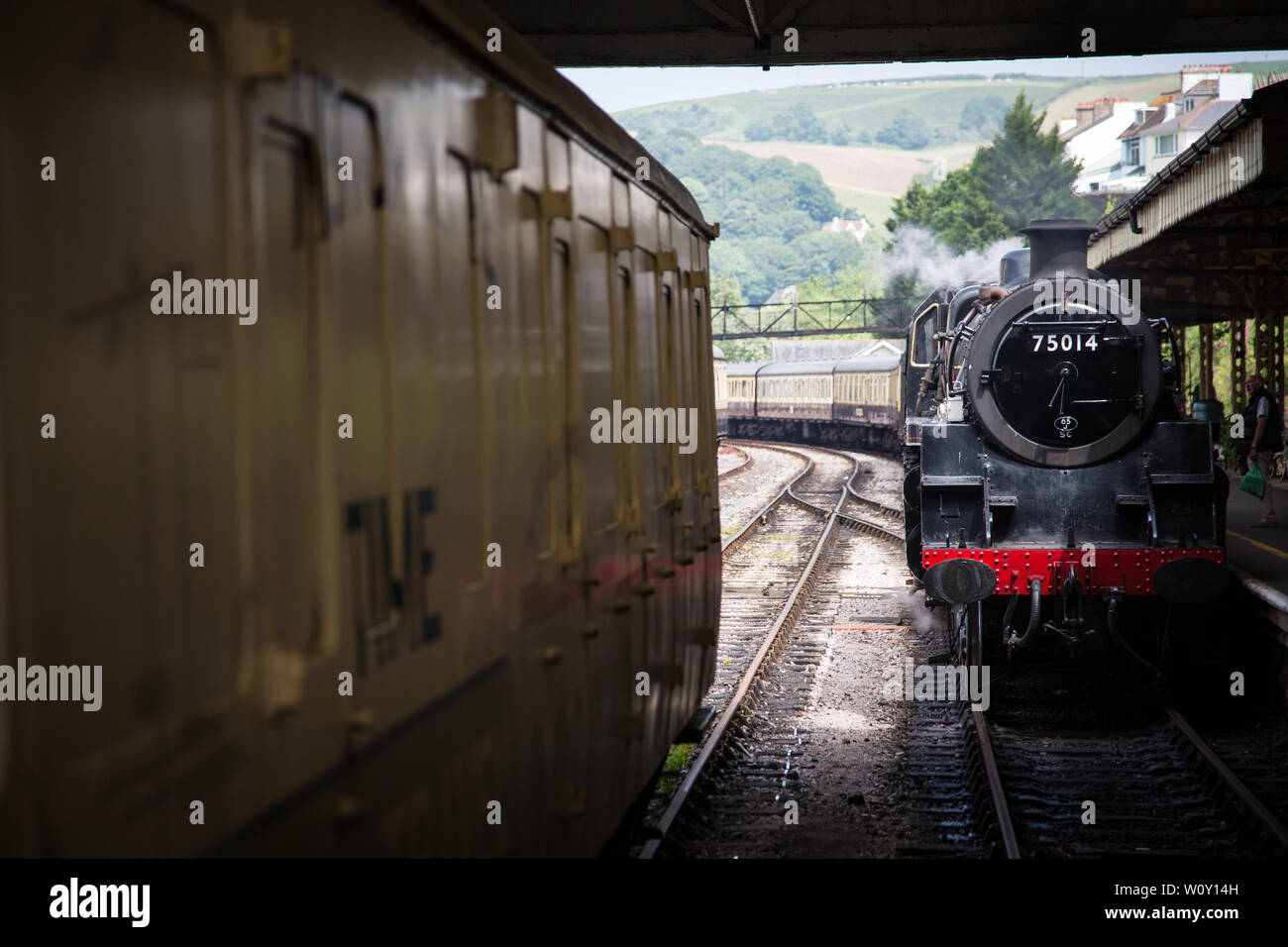 Steam train at Kingswear station on the Dartmouth steam railway in Torquay UK Stock Photo