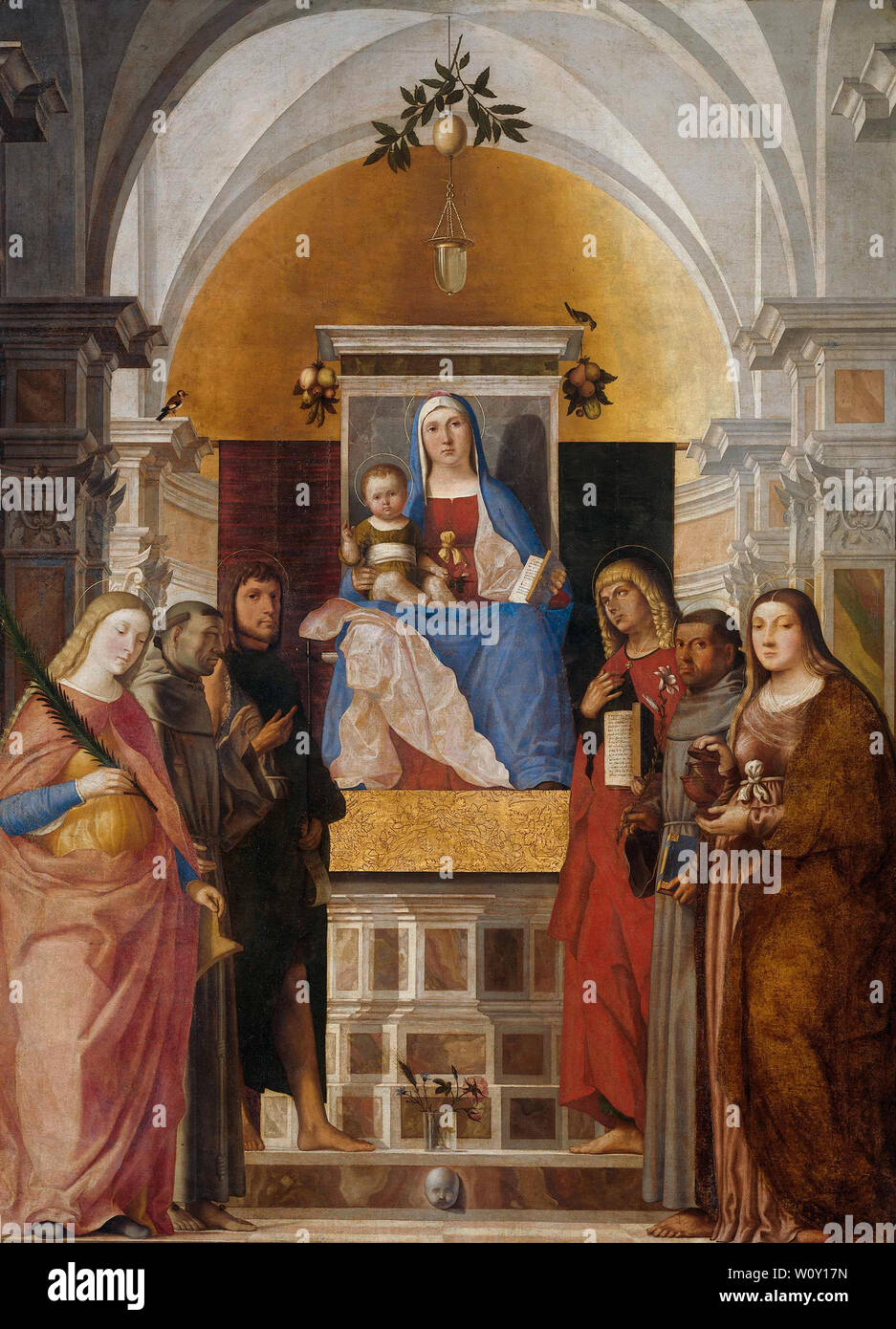 Madonna and Child with Sts Catherine, Francis of Assisi, John the Baptist, John the Evangelist, Antony of Padua and Mary Magdalene. Fogolino, Marcello Stock Photo