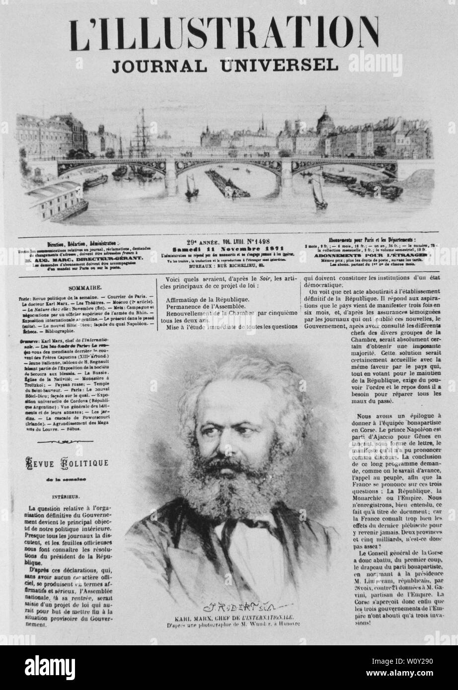 Portrait of Karl Marx from 'L'Illustration', 11th November 1871. Stock Photo