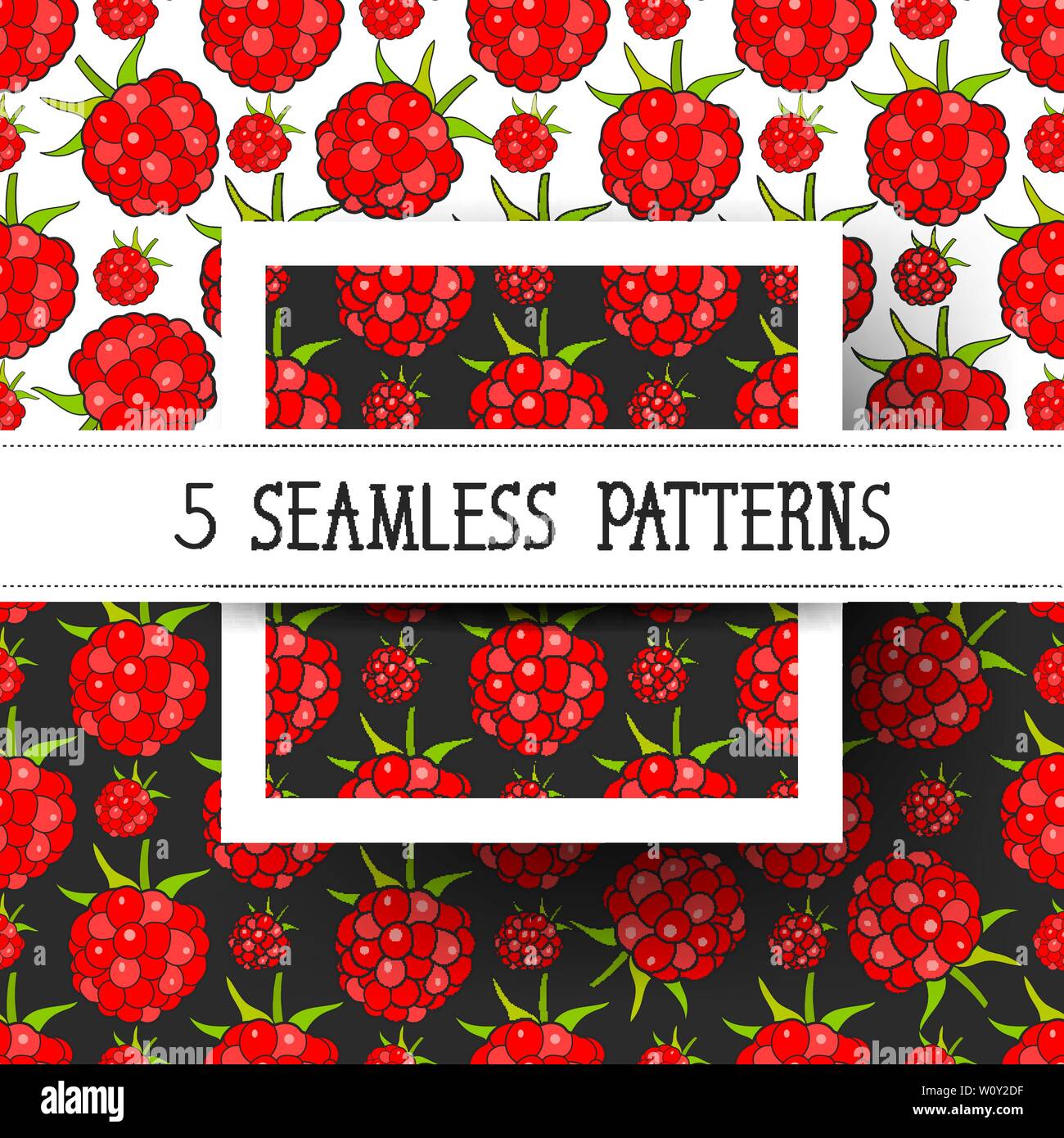 Set Seamless Background With Raspberries, Vector Image Ready For Your Design Stock Vector