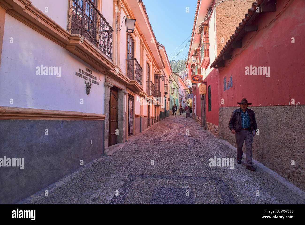 Colorful homes and museums in colonial Calle Jaén, La Paz, Bolivia Stock Photo