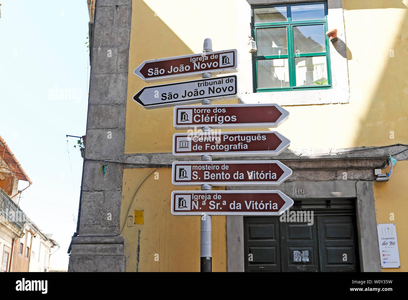 Tourist information signs on a street pointing direction to places of interest tourist destinations city of Porto Oporto Portugal Europe  KATHY DEWITT Stock Photo