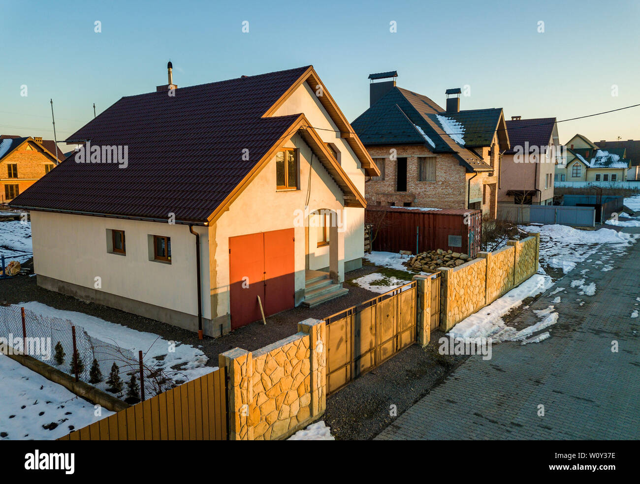 Aerial View Of New Residential House Cottage And Attached Garage