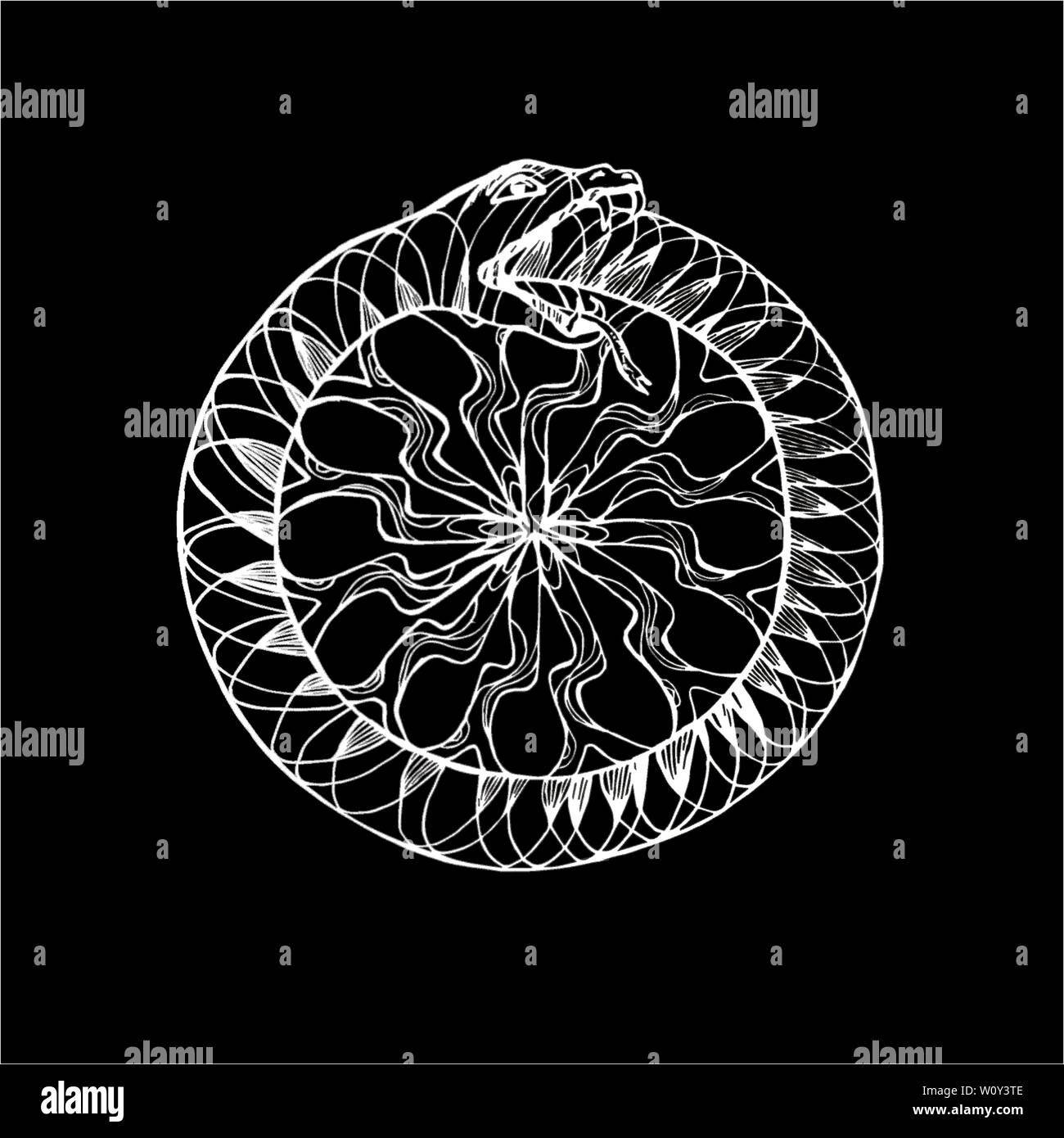 Black and white illustration of a Uroboros snake eating its tail. Pattern, idea for tattoo. Stock Vector