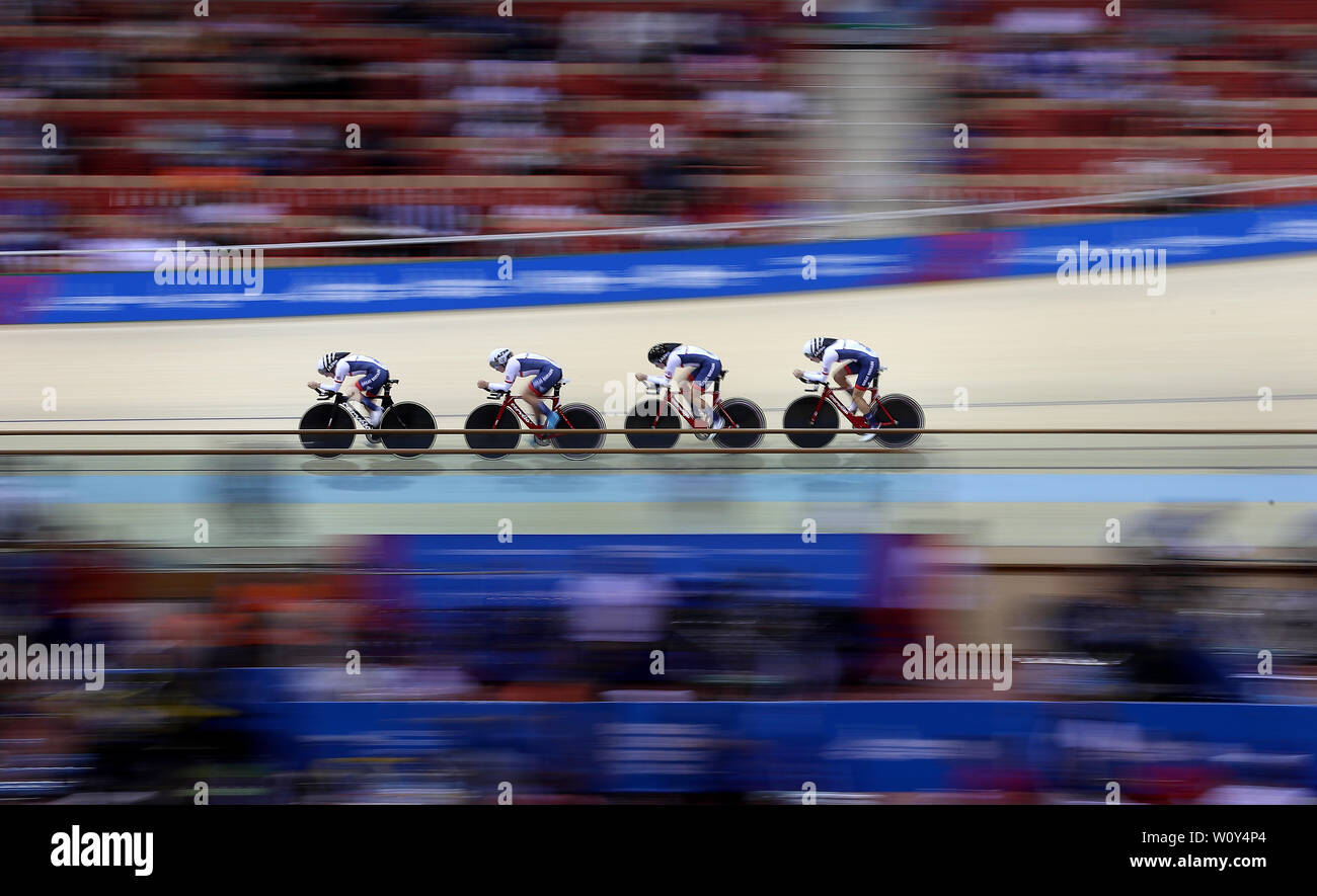 Great Britain's (left-right) Megan Barker, Jenny Holl, Jessica Roberts and Josie Knight on their way to taking the silver medal in the Women's Team Pursuit at the Minsk Velodrome, during day eight of the European Games 2019 in Minsk. Stock Photo