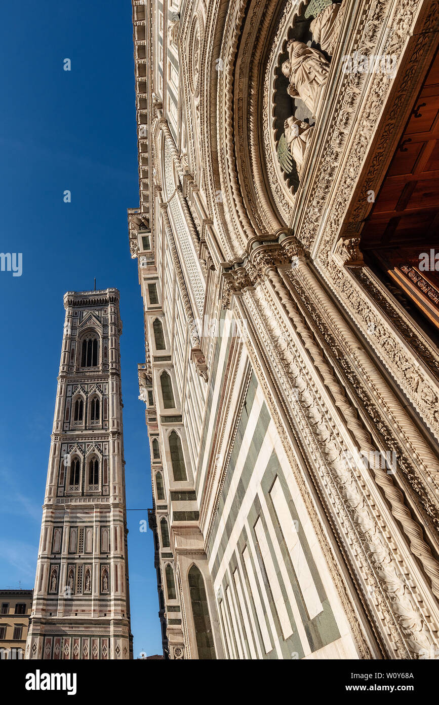Detail of Florence Cathedral, Santa Maria del Fiore (1296-1436) with the Bell Tower of Giotto. UNESCO world heritage site, Tuscany, Italy, Europe Stock Photo