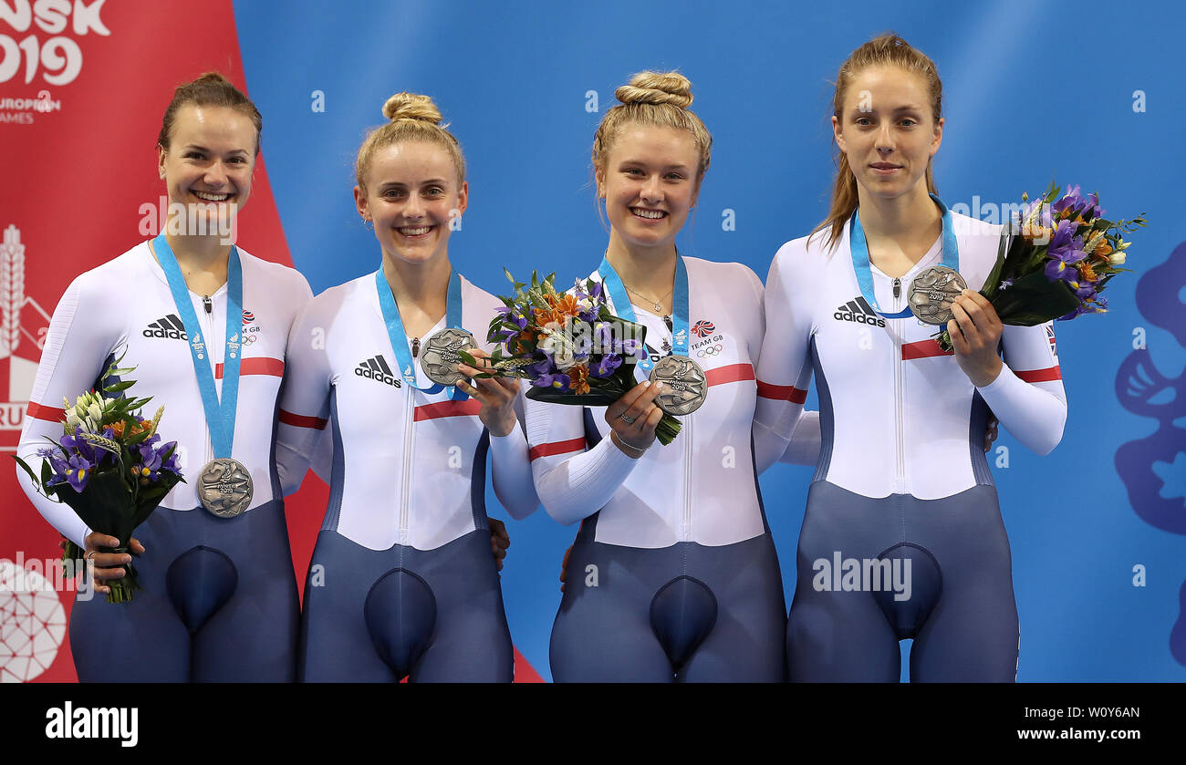 Great Britain's (left-right), Jessica Roberts, Megan Barker, Jenny Holl and Josie Knight with their silver medals after the Women's Team Pursuit at the Minsk Velodrome, during day eight of the European Games 2019 in Minsk. Stock Photo