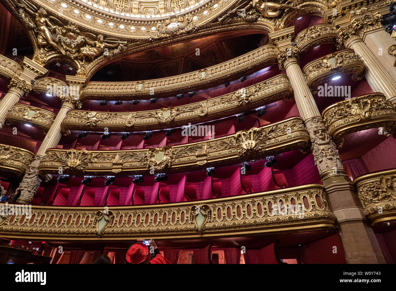 Palais Garnier - Paris Opera House - auditorium interior architecture and decoration. Balcony details. Paris, France - May 14, 2019. Stock Photo