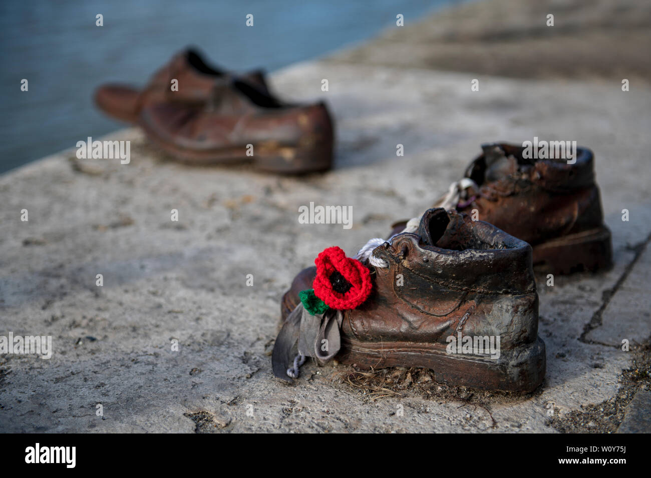 Jewish memorial shoes on the Danube bank , Budapest , Hungary . Stock Photo