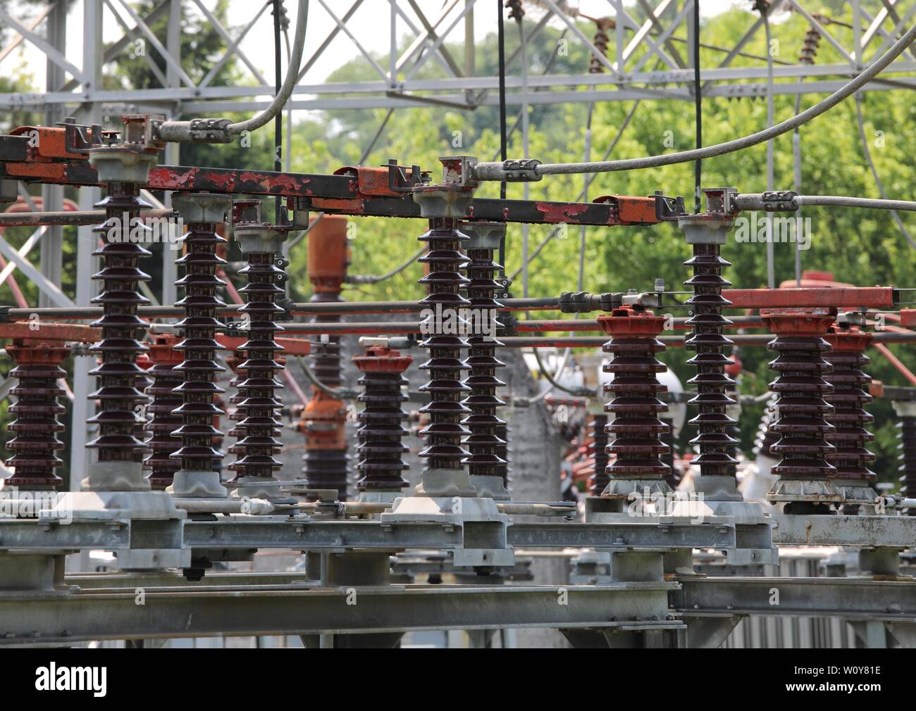 industrial breakers and high voltage switches in the power plant Stock