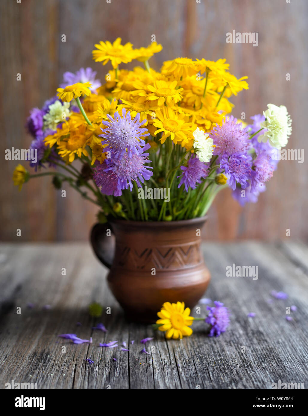 Bouquet of wildflowers (Anthemis tinctoria and Knautia arvensis) in a ceramic jug on the table Stock Photo