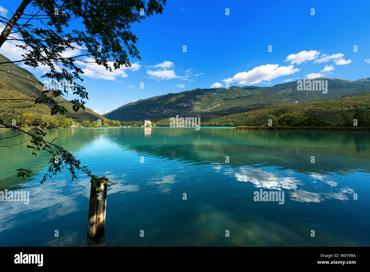Toblino Lake (Lago di Toblino) with a medieval castle, small alpine lake in Trentino Alto Adige, Italy, Europe Stock Photo