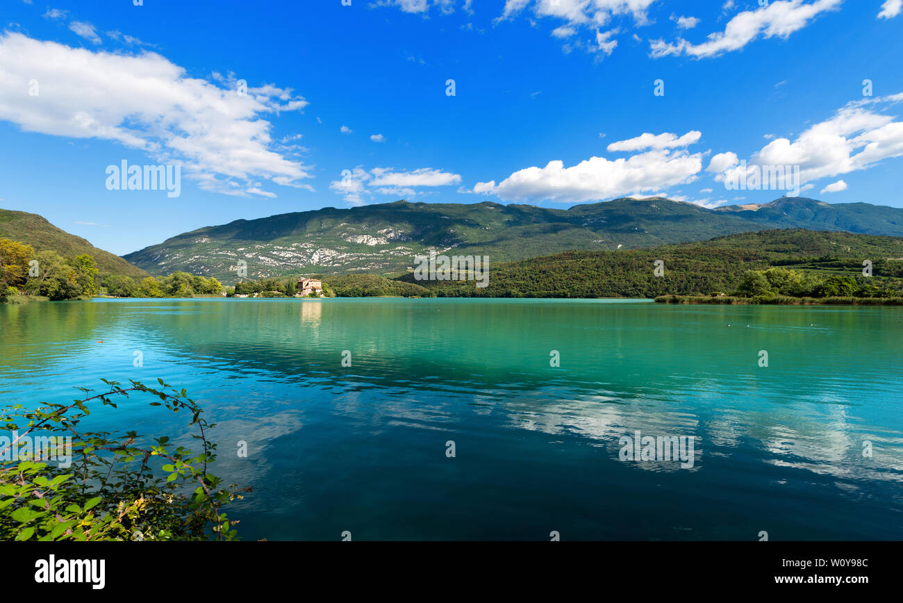 Toblino Lake (Lago di Toblino) with a medieval castle, small alpine lake in Trentino Alto Adige, Italy, Europe Stock Photo