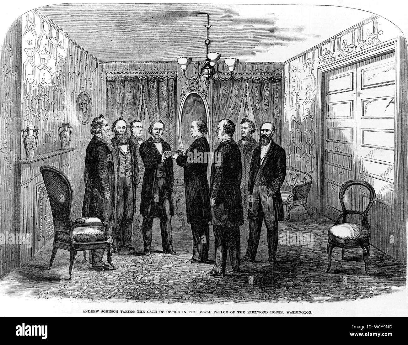 Andrew Johnson taking the oath of office in the Small parlor of Kirkwood House, Washington, April 15, 1865, Illustration, Frank Leslie's Illustrated Newspaper, January 6, 1866 Stock Photo