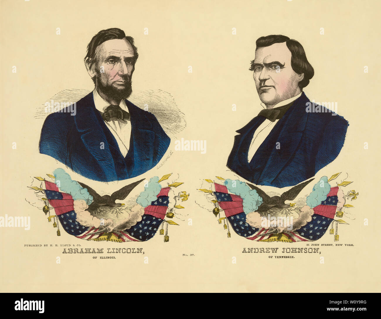 Campaign Banner for the Republican Ticket in 1864 Presidential Election featuring Head and Shoulders Portraits of U.S. President Abraham Lincoln (left) and Andrew Johnson (right), Gabriel Kaehrle, Artist, and H.H. Lloyd & Co., , Lithographer and Publisher, 1864 Stock Photo