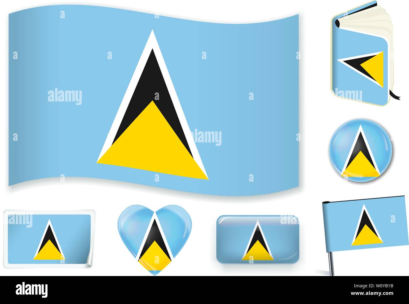 Saint Lucia national flag. Vector illustration. 3 layers. Shadows, flat flag, lights and shadows. Collection of 220 world flags. Accurate colors. Easy changes. Stock Vector