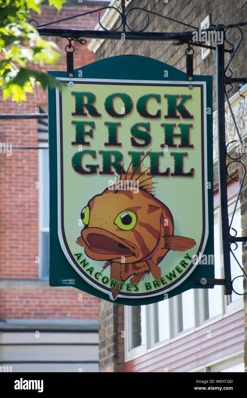 Restaurant sign, Rock Fish Grill, Anacortes,Washington. Stock Photo