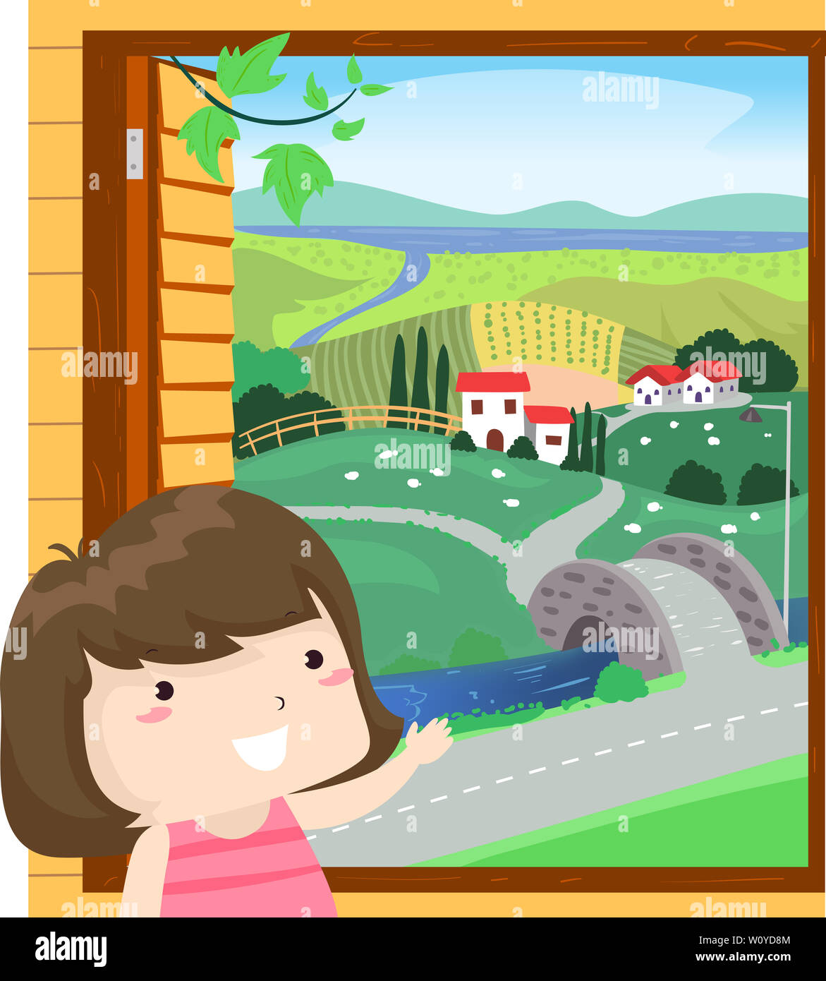 Illustration of a Kid Girl Showing a Rural Scene from Her Window Stock