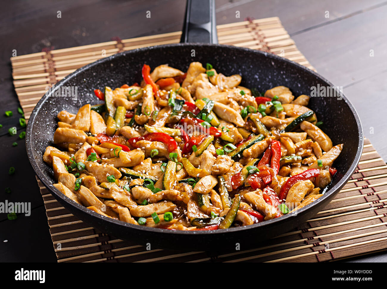 Stir fry chicken, zucchini, sweet peppers and green onion. Asian