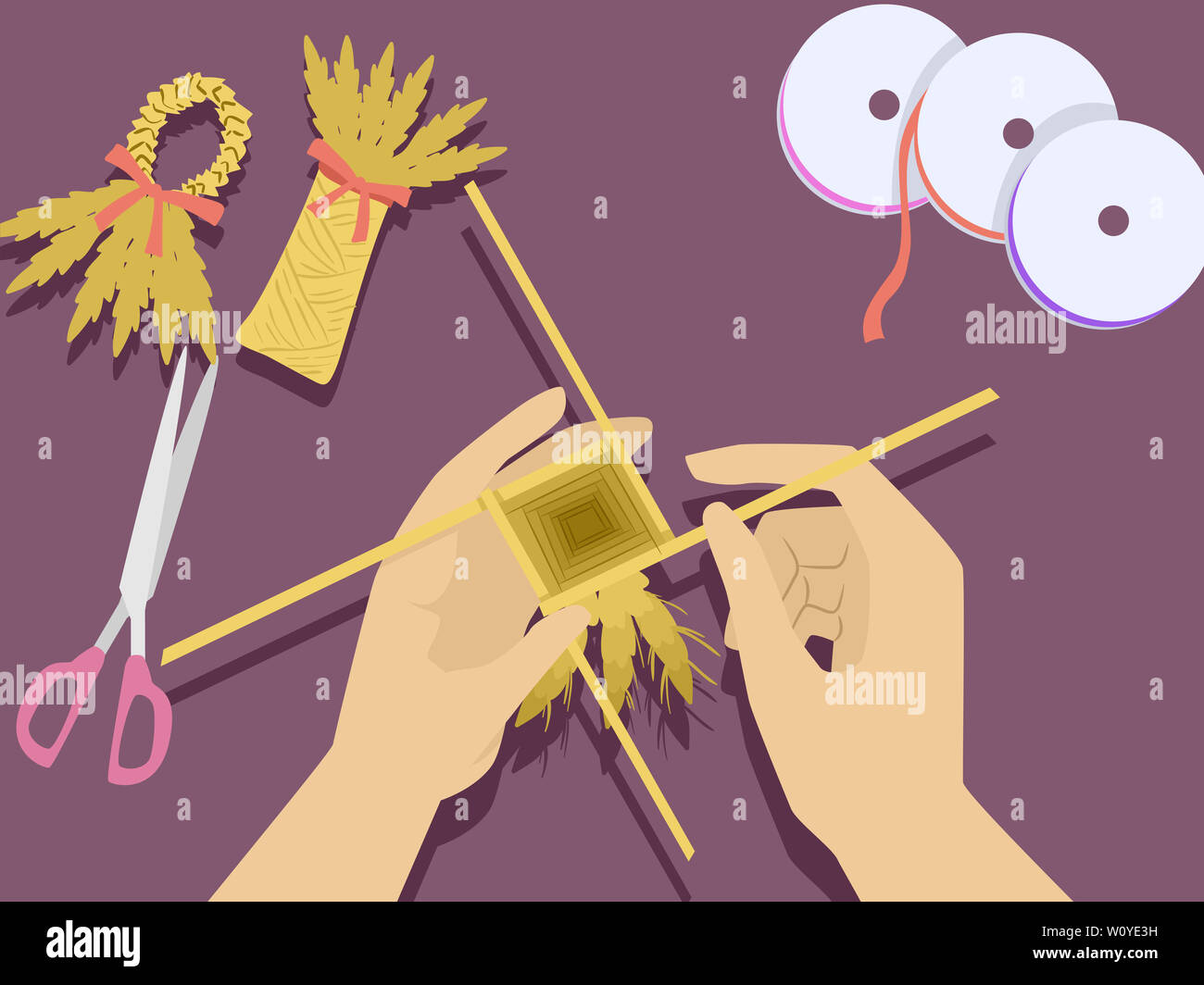 Illustration of Hands Making a Corn Dolly for Celebrating Harvest Stock Photo