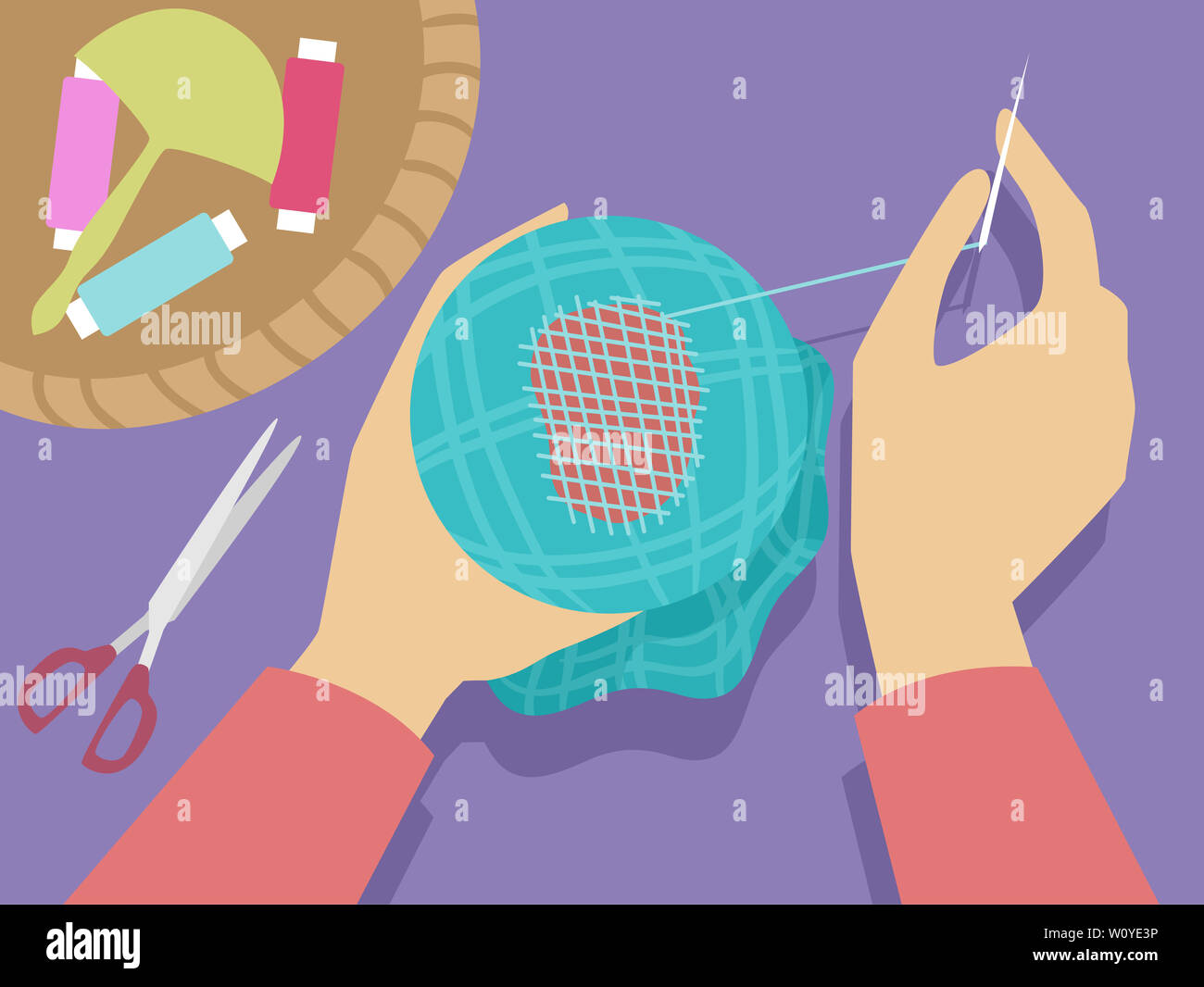 Illustration of Hands Holding Needle and Thread Darning or Sewing and