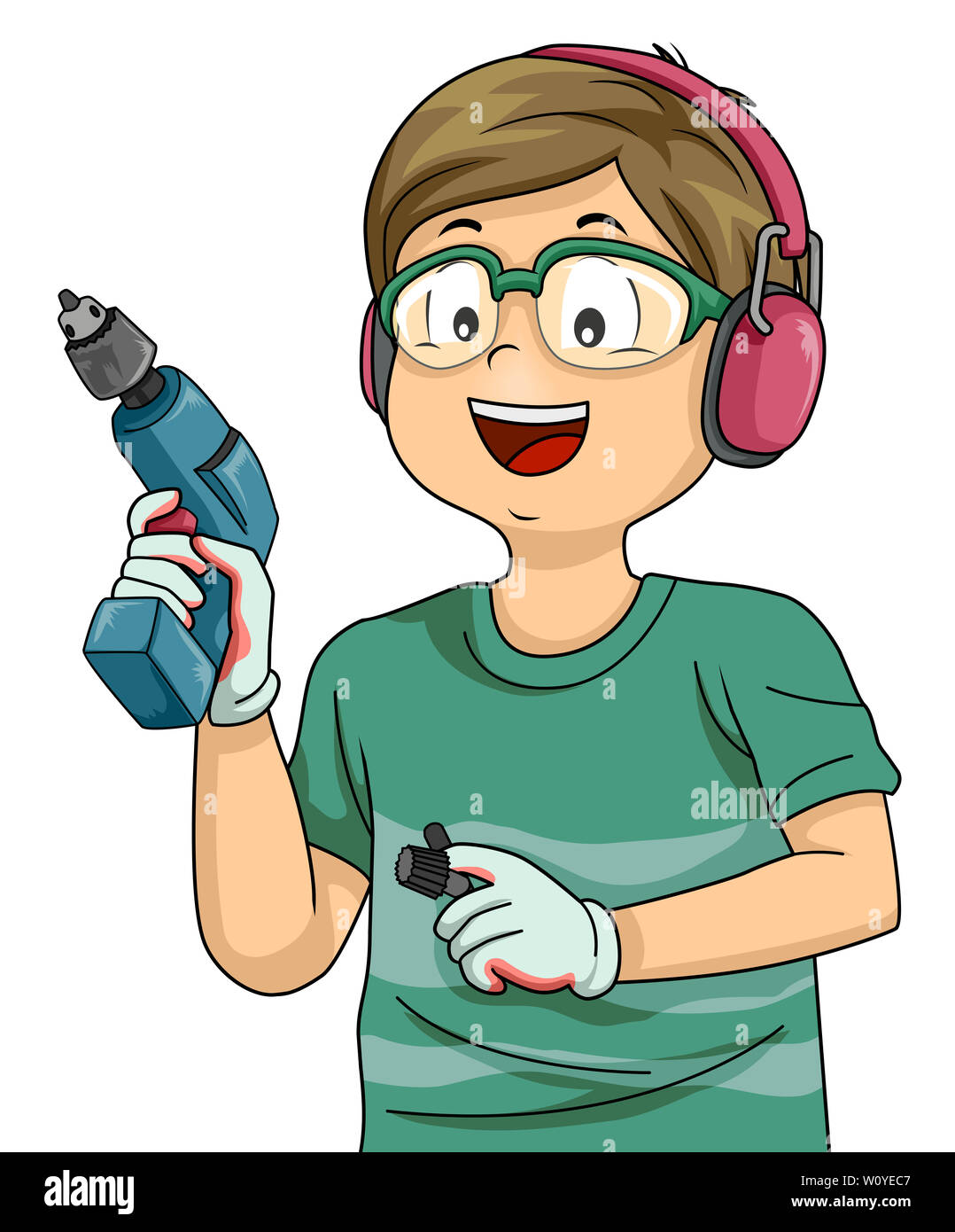 Illustration of a Kid Boy Wearing Gloves, Holding a Power Drill and