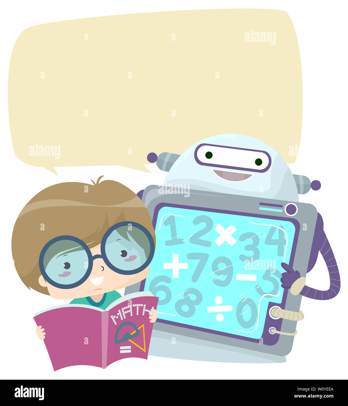 Illustration of a Kid Boy with an Open Math Book and Robot with Blank ...