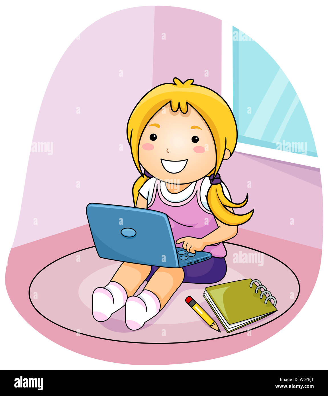 Illustration Of A Kid Girl Sitting Down On The Floor Using A