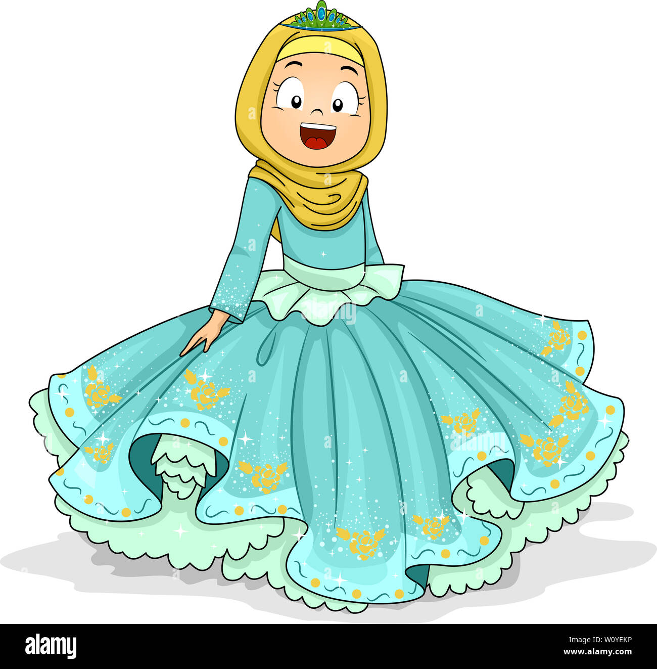 Illustration of a Kid Girl Muslim Princess Wearing Hijab and Gown Stock