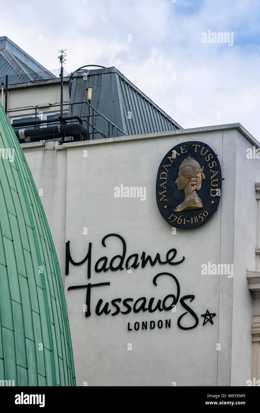 LONDON, UK - JULY 08, 2018:  Sign on exterior of Madame Tussauds wax museum in Marylebone Road Stock Photo