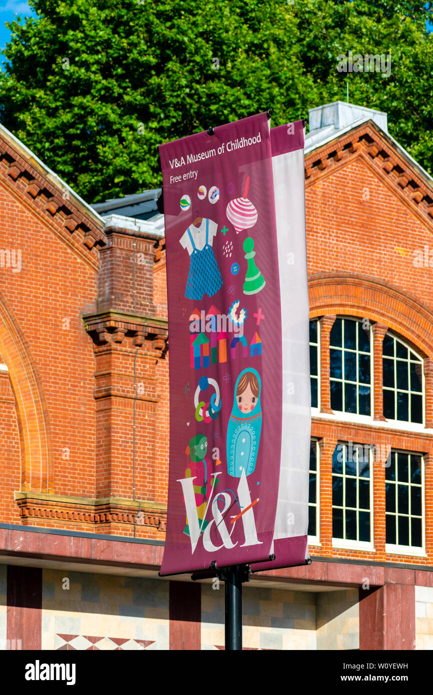 ONDON, UK - JULY 08, 2018:  Flag Banners Sign outside the V and A Museum of Childhood in Cambridge Heath Road Stock Photo
