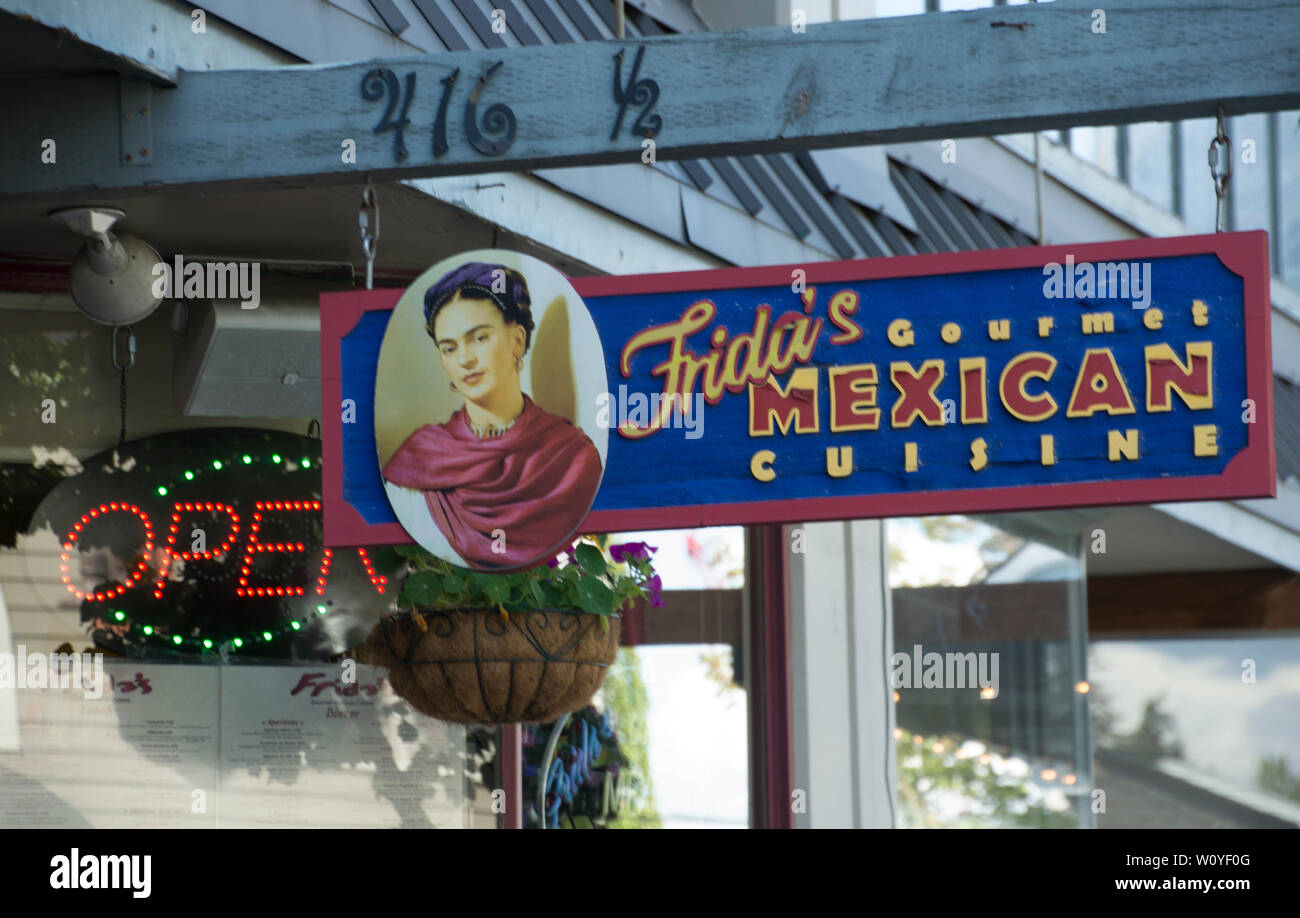 Signage for Frida's Mexican restaurant in downtown Alacortes,Washington. Stock Photo