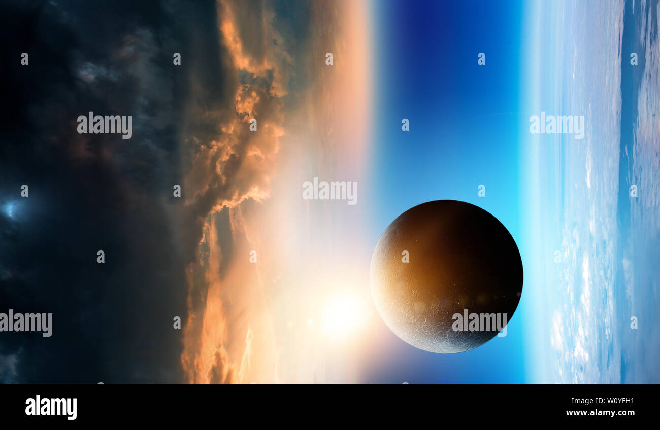 Abstract planets and space texture with sunrise and clouds Stock Photo ...