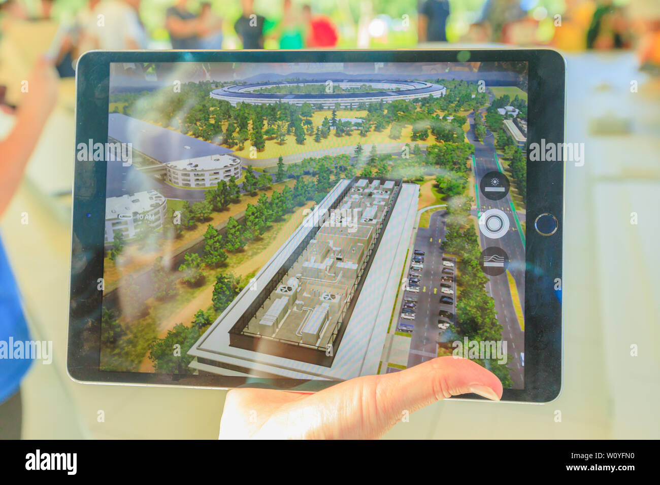 Cupertino, CA, United States - August 12, 2018: closeup of iPad with virtual reality program showing the new Apple HQ with Campus at the Apple Park Stock Photo