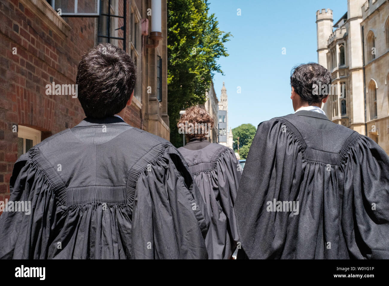 The backs of three University of Cambridge graduates walking along the road with the gowns shown. Stock Photo